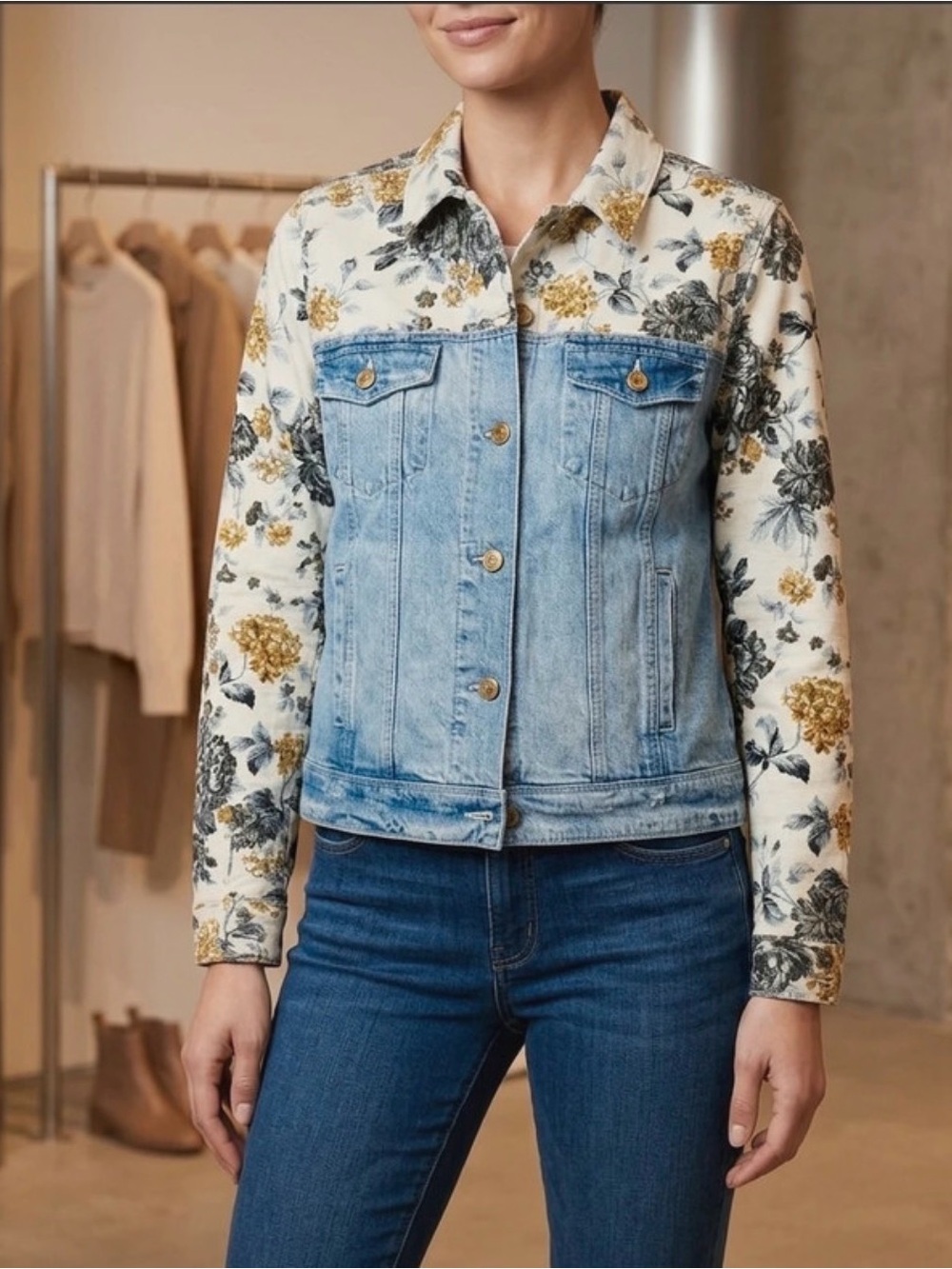 PAIGE Two-Tone Floral Denim Jacket in Light Blue, White, Gold size Medium
